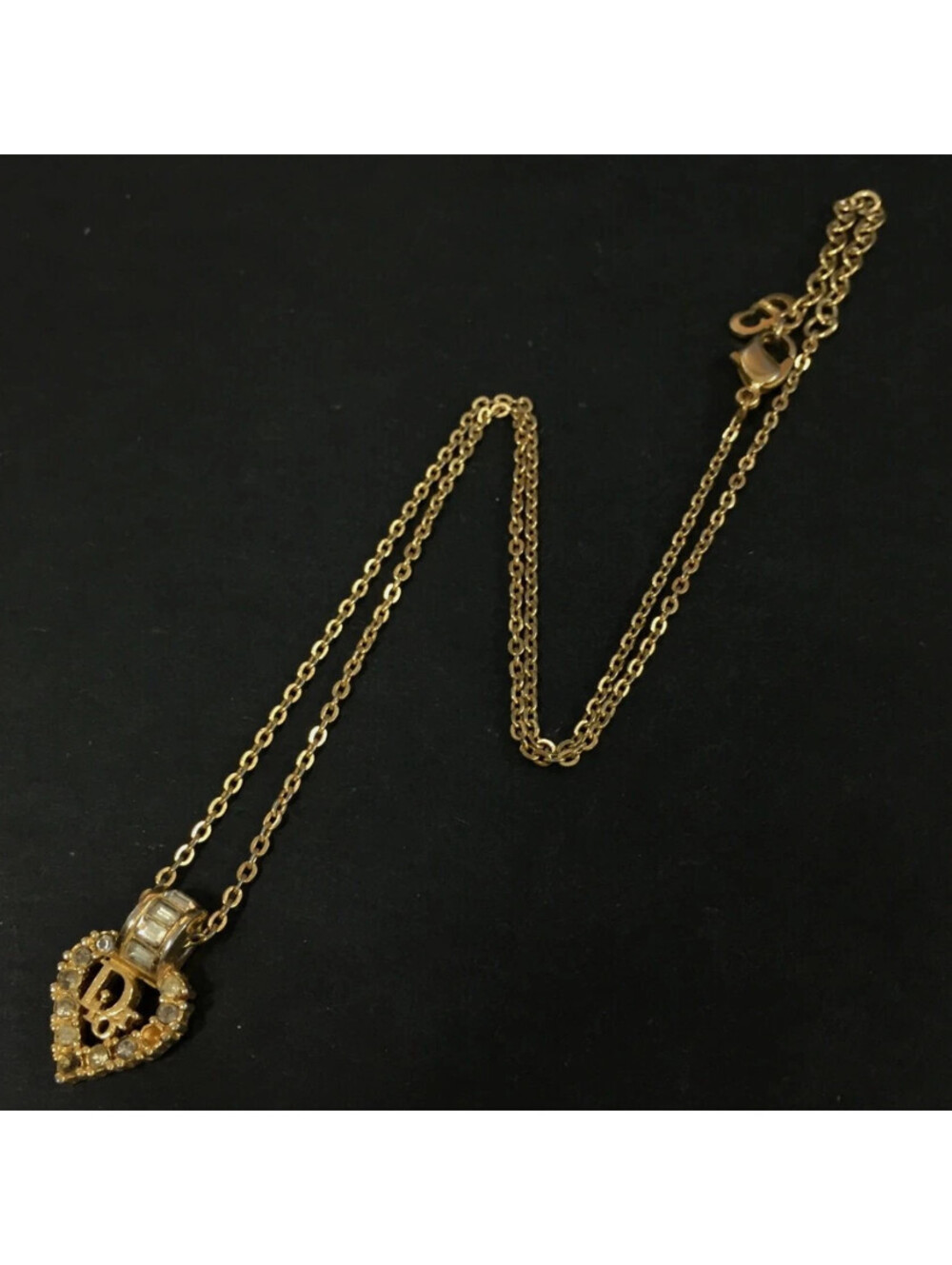US SELLER! Vintage Christian Dior Gold Plated/Rhinestone Logo Heart CD Necklace